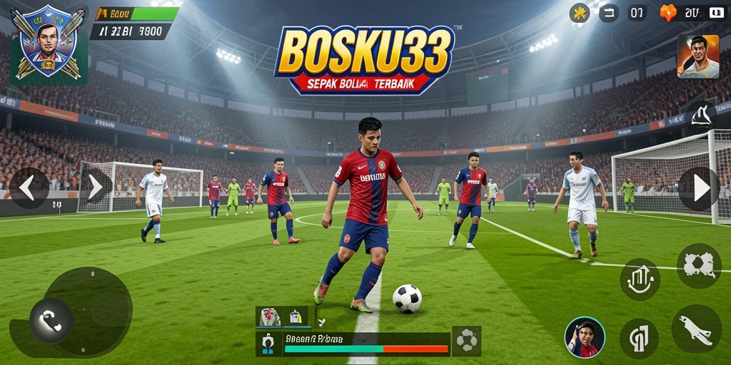 Screenshot gameplay BOSKU33 menampilkan pertandingan sepak bola yang mendebarkan.