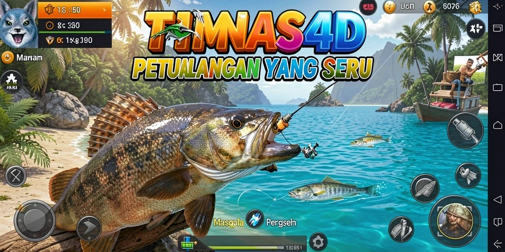 Tampilan gameplay seru di TIMNAS4D saat memancing ikan.