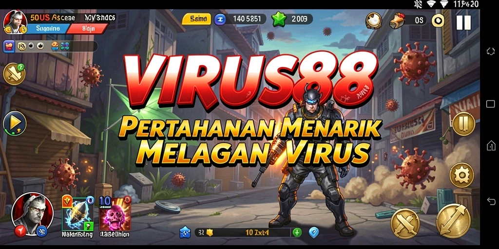 Tampilan gameplay VIRUS88 menampilkan pertahanan strategis melawan virus yang menyerang.